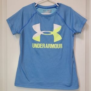 UNDER ARMOUR Heat Gear girl short sleeve large logo blue top shirt YSM
